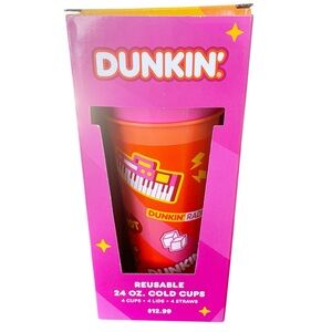 Dunkin 2025 Reusable‎ Pack Of 4 Cold Cups Lids Straws DunKing DunQueen NEW